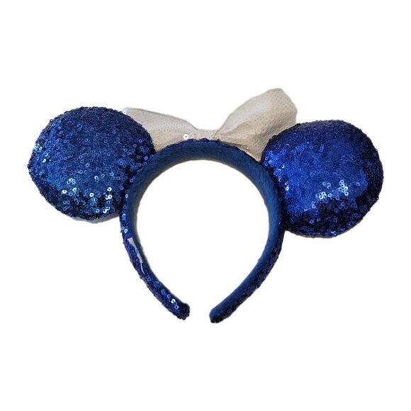 Disney Parks Minnie Mouse USA America Blue Sequin White Stars Bow Ears Headband - Picture 2 of 2